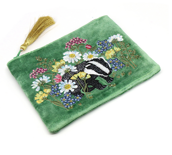 POM Green Velvet Badger Embroidered Zip Purse