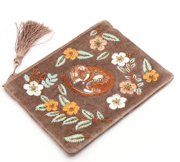 POM Buff Velvet Sleeping Dormouse Embroidered Zip Purse