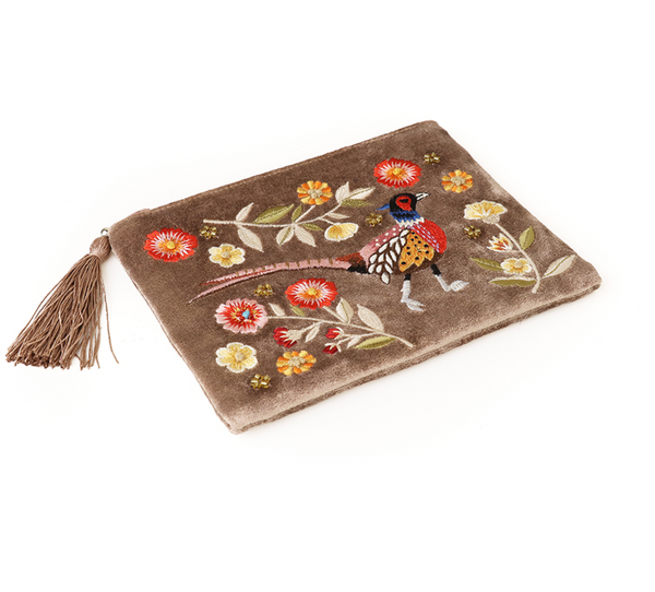 POM Fawn Velvet Pheasant Embroidered Zip Purse