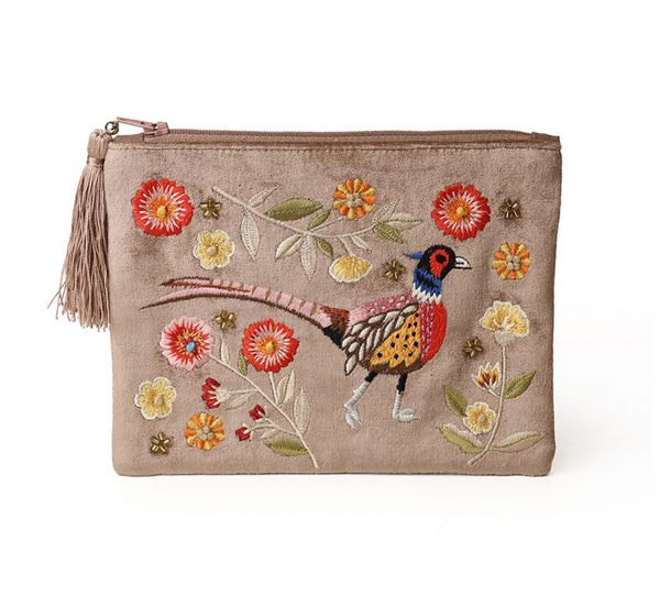 POM Fawn Velvet Pheasant Embroidered Zip Purse