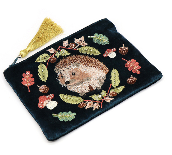 POM Dark Teal Velvet Hedgehog Embroidered Zip Purse