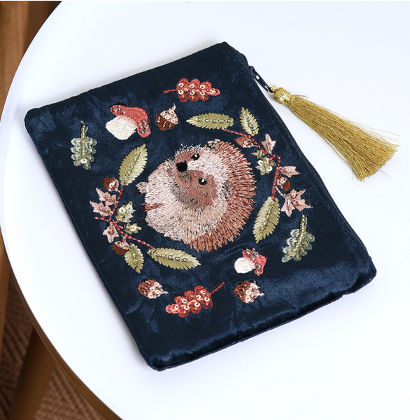 POM Dark Teal Velvet Hedgehog Embroidered Zip Purse