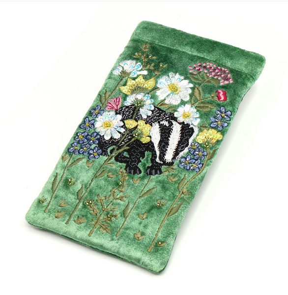 POM Green Velvet Embroidered Glasses Pouch Badger