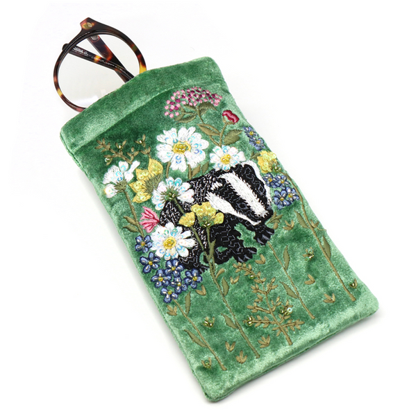 POM Green Velvet Embroidered Glasses Pouch Badger