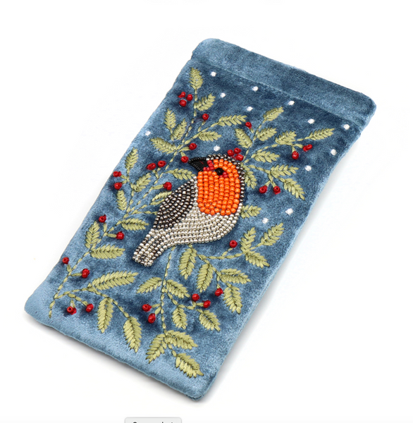 POM Blue Velvet Embroidered & Beaded Robin Glasses Pouch
