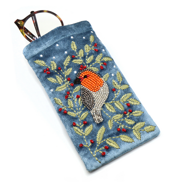 POM Blue Velvet Embroidered & Beaded Robin Glasses Pouch
