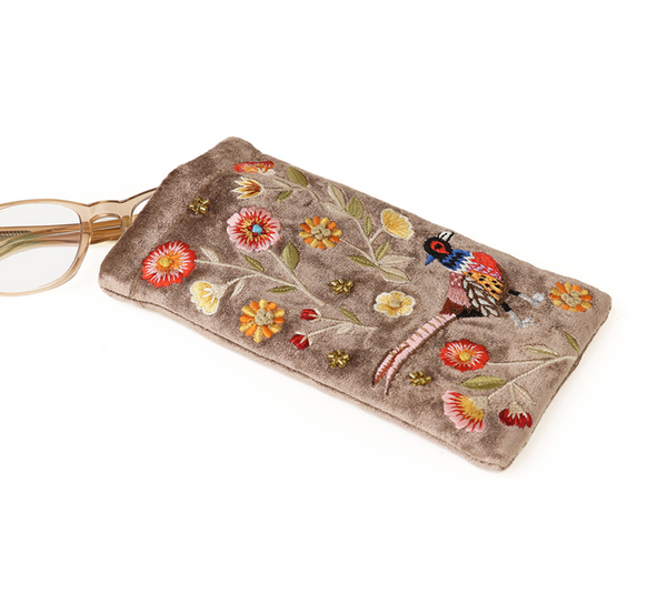 POM Fawn Velvet Pheasant Embroidered Glasses Case