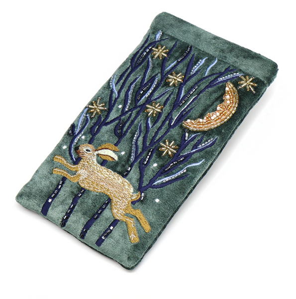 POM Midnight Green Velvet Leaping Hare Embroidered Glasses Case