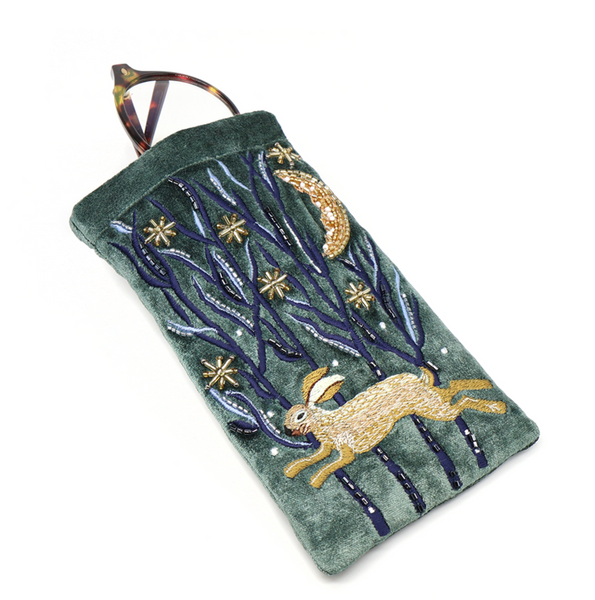 POM Midnight Green Velvet Leaping Hare Embroidered Glasses Case