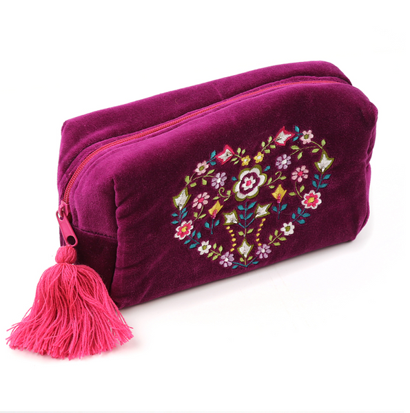 POM Wine Velvet Floral Heart Embroidered Wash Bag