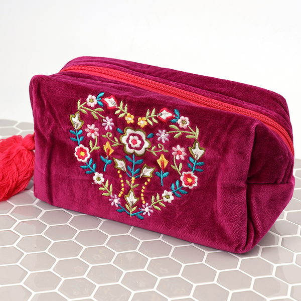 POM Wine Velvet Floral Heart Embroidered Wash Bag