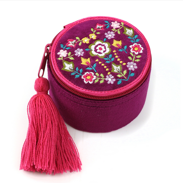 POM Wine Velvet Floral Heart Embroidered Trinket Box