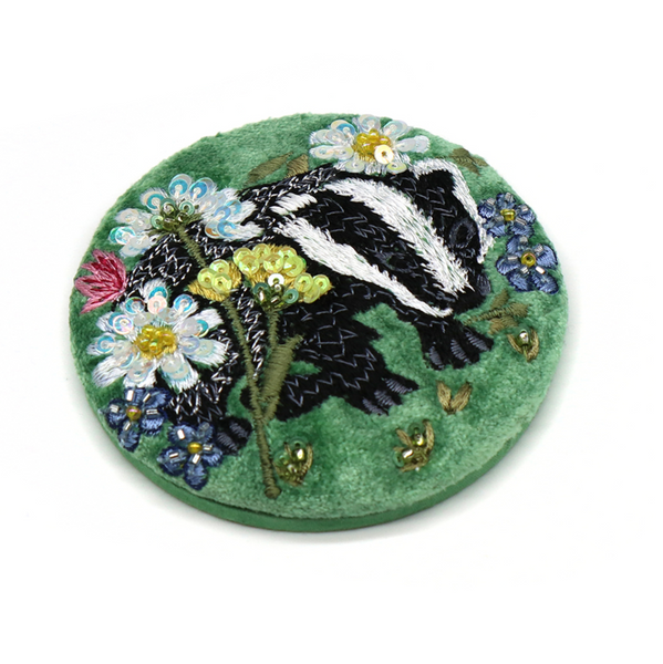 POM Green Velvet Embroidered Badger Compact Mirror