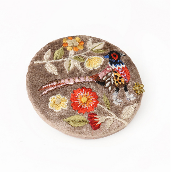 POM Fawn Velvet Embroidered Pheasant Compact Mirror