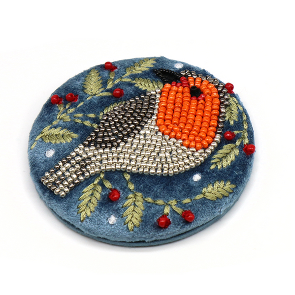 POM Blue Velvet Beaded Robin & Holly Compact Mirror