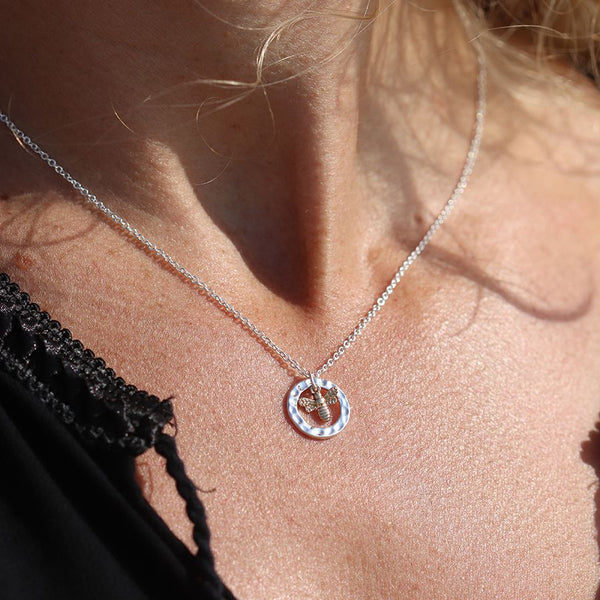Peace of Mind Silver plated hammered hoop and golden bee necklace