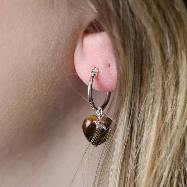 Peace of Mind Silver plated star and tigers eye heart hoop earrings