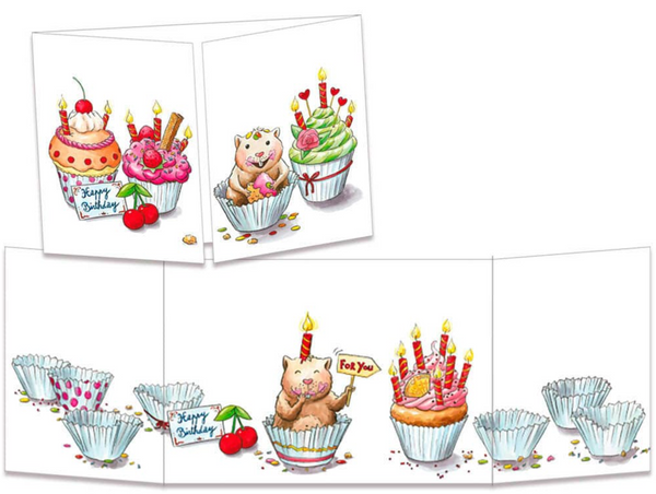 Sophie Turrel Folding Greetings Card - Birthday Cupcake Hamster CT309