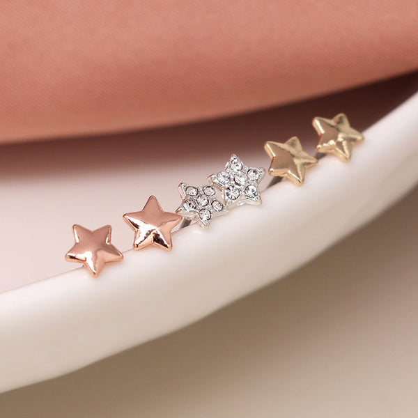 Peace of Mind Triple Star Rose Gold, Silver and Crystal Stud Earring Set