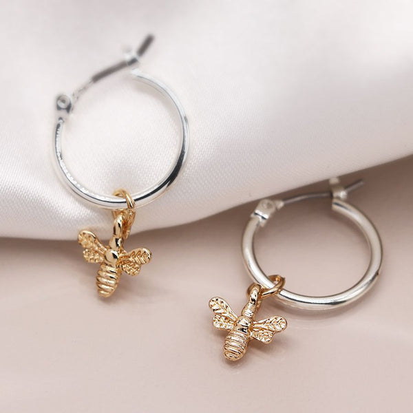 Peace of Mind Silver plated hoop earrings with golden bee charm