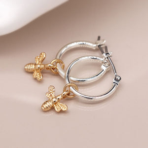 Peace of Mind Silver plated hoop earrings with golden bee charm