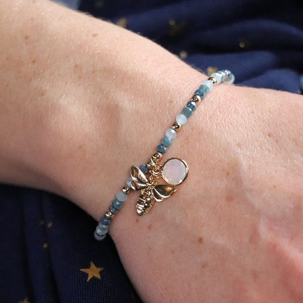 Peace of Mind Blue bead bracelet with gold bee and crystal