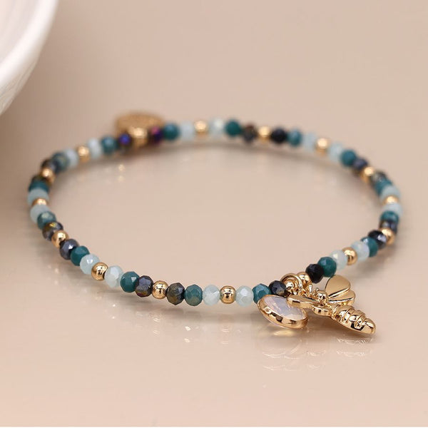 Peace of Mind Blue bead bracelet with gold bee and crystal