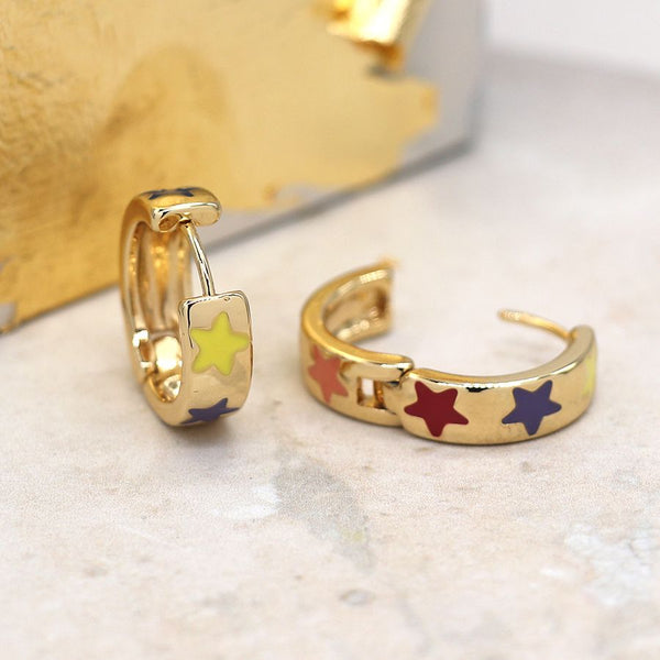 Peace of Mind Golden Multicoloured Enamel Star Hoop Earrings