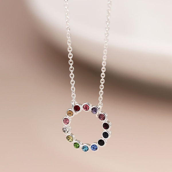 Peace of Mind Silver plated circle and rainbow crystals necklace