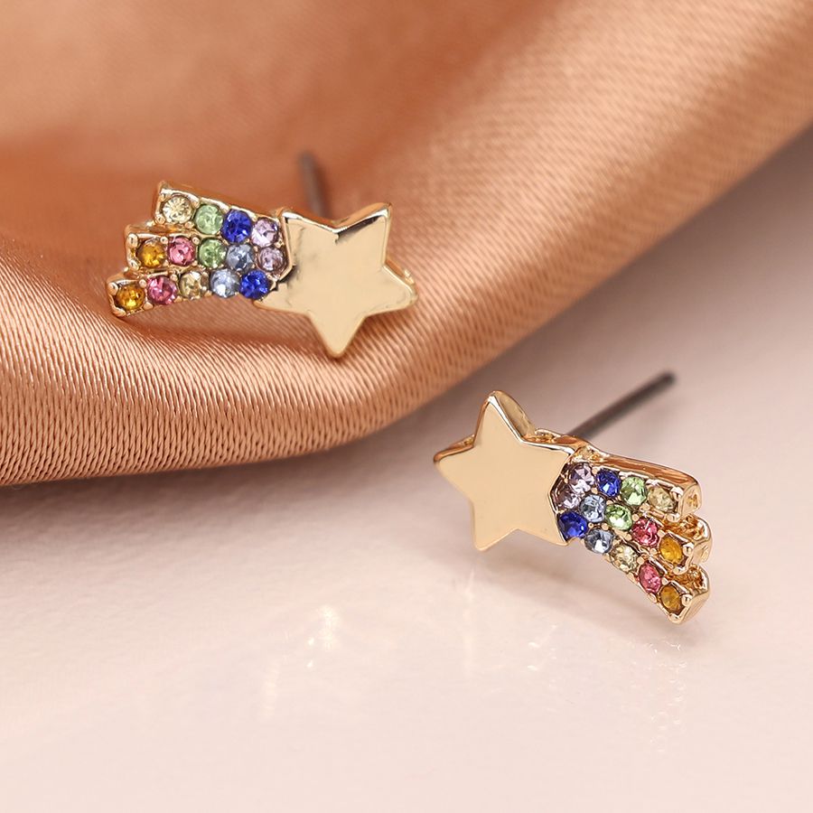 Peace of Mind Silver Plated Golden shooting star earrings with rainbow crystals