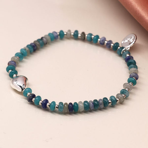Peace of Mind Blue mix bead bracelet with with silver plated pebble