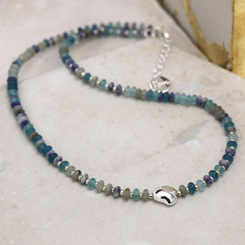 Peace of Mind Blue Mix Bead Necklace with Silver Plated Pebble