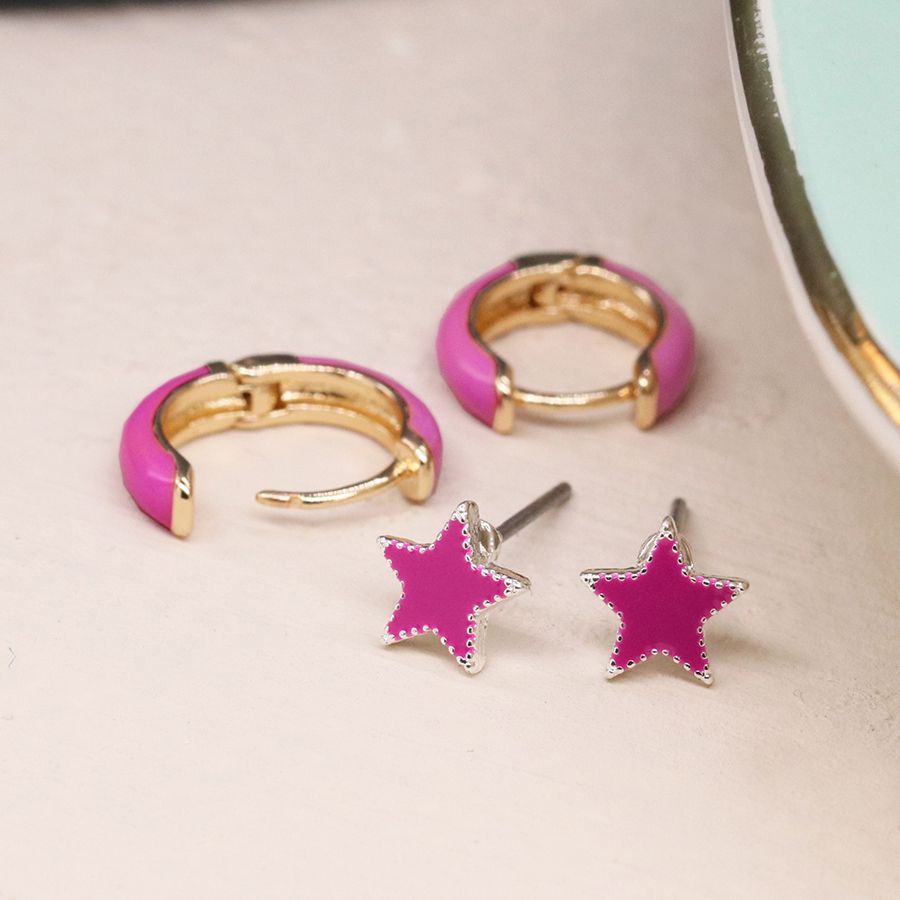 Peace of Mind Golden and Pink Enamel Hoop and Star Earring Set