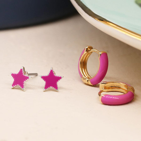 Peace of Mind Golden and Pink Enamel Hoop and Star Earring Set