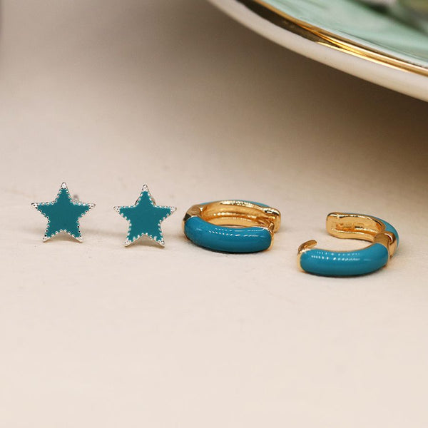 Peace of Mind Golden and Teal Enamel Hoop and Star Earring Set