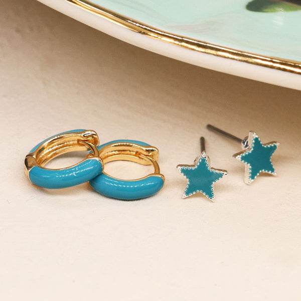 Peace of Mind Golden and Teal Enamel Hoop and Star Earring Set