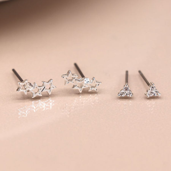 Peace of Mind Silver plated triangle and triple star earring duo