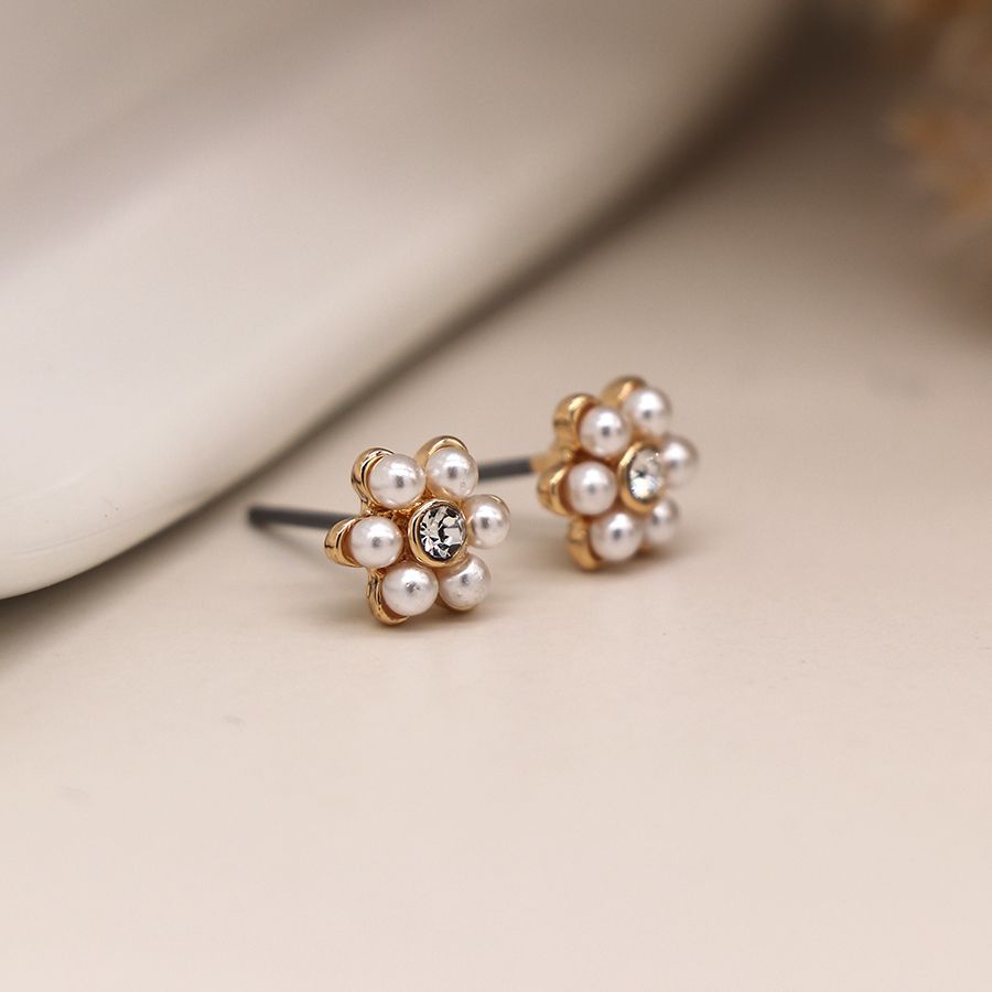 Peace of Mind Faux Gold Plated Pearl and Crystal Flower Studs