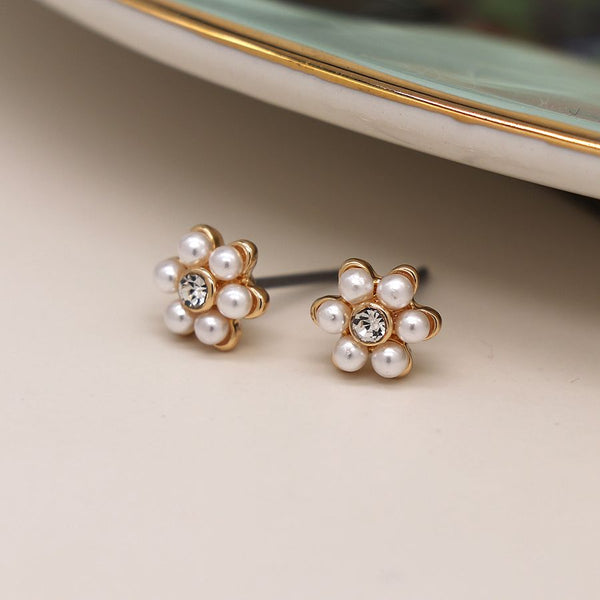 Peace of Mind Faux Gold Plated Pearl and Crystal Flower Studs