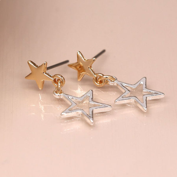 Peace of Mind Silver and faux gold plated double star stud earrings