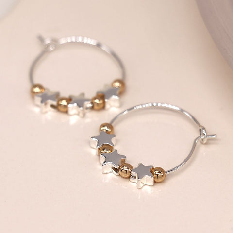 Peace of Mind Silver Plated Wire Hoop, Stars and Golden Bead Earrings