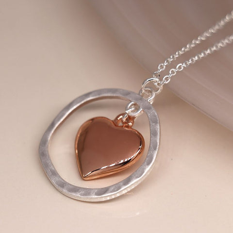 Peace of Mind Silver Plated Worn Hoop and Rose Gold Heart Necklace
