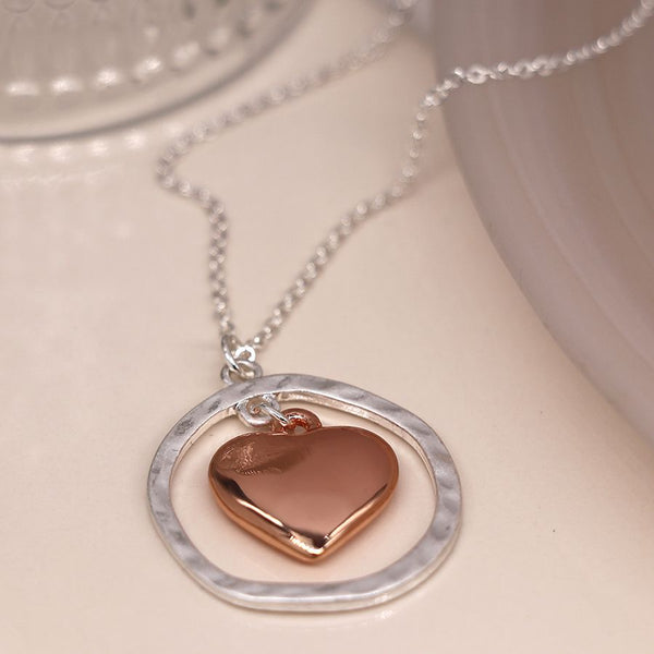 Peace of Mind Silver Plated Worn Hoop and Rose Gold Heart Necklace