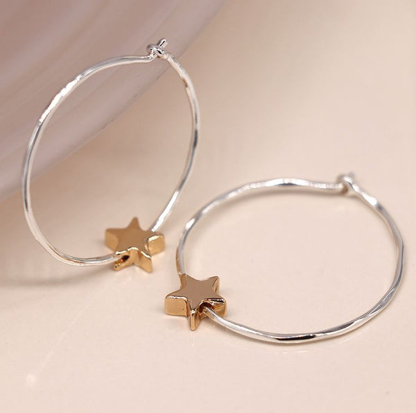 Peace of Mind Silver Plated Organic Hoop and Golden Star Earrings
