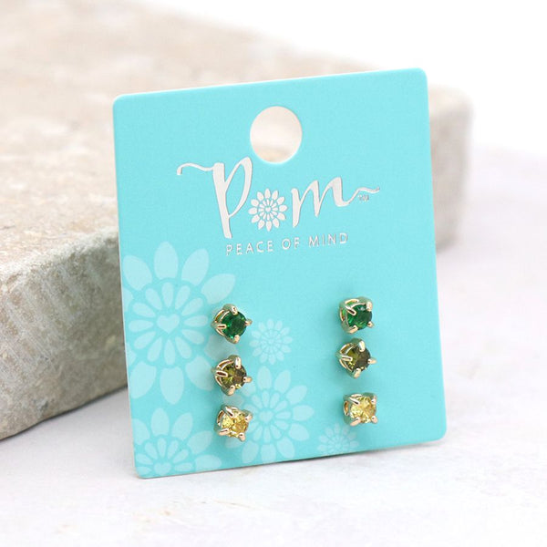 Peace of Mind Emerald, Olive and Yellow Mix Triple Crystal Stud Earring Set