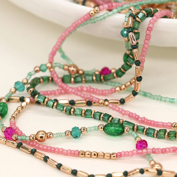Peace of Mind Multi Strand Boho Bead Necklace in Pink, Green & Gold