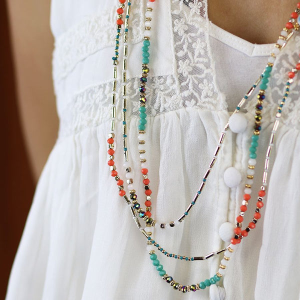 Peace of Mind Multi Strand Boho Bead Necklace in Coral, Turquoise and Gold