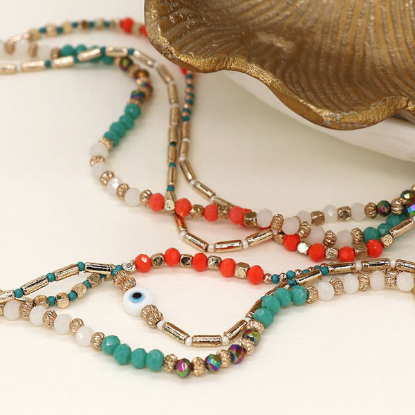 Peace of Mind Multi Strand Boho Bead Necklace in Coral, Turquoise and Gold