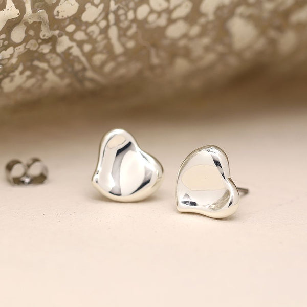 Peace of Mind Silver Plated Wavy Surface Heart Stud Earrings
