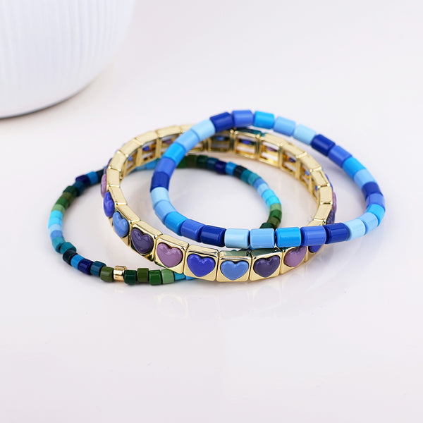 Peace of Mind Blue mix triple bracelet stack with hearts